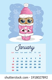 Cute cartoon owl with beautiful eyes. Wall calendar design template for 2022, A4 format for each month. Week starts on Sunday.