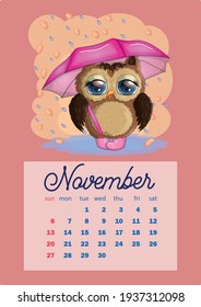 Cute cartoon owl with beautiful eyes. Wall calendar design template for 2022, A4 format for each month. Week starts on Sunday.