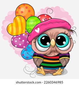 Cute Cartoon Owl in a beret with colorful balloons