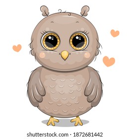 Cute cartoon owl with big eyes. Vector illustration of bird isolated on white.