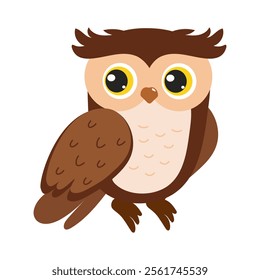 Cute cartoon owl with big eyes sitting on a branch in a playful design