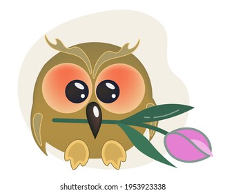 .Cute cartoon owl with big kind eyes. A wise character is holding a pink tulip in his beak. Gift for the holiday.Vector illustration on a white background.