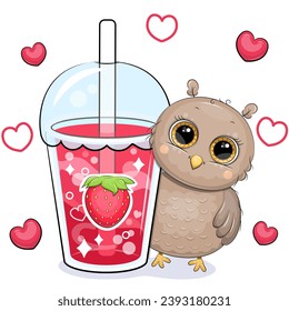 Cute cartoon owl with a big strawberry drink. Vector illustration of animal and a cup of red water on a white background with red hearts.