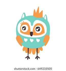 Cute cartoon owl bird with crown colorful character vector Illustration