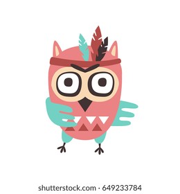 Cute cartoon owl bird with feathers on its head colorful character vector Illustration
