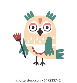 Cute cartoon owl bird holding flower colorful character vector Illustration