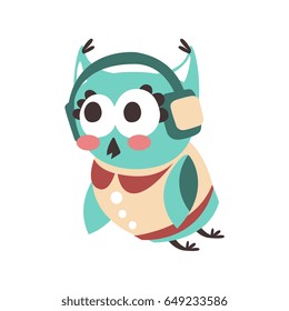 Cute cartoon owl bird listening music in headphones colorful character vector Illustration