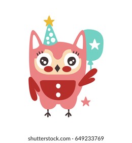 Cute cartoon owl bird in a party hat with balloon colorful character vector Illustration