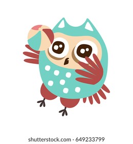 Cute cartoon owl bird playing a ball colorful character vector Illustration