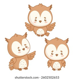 Cute cartoon Owl bird set. Isolated wise kawaii character. Vector illustration. Kids collection