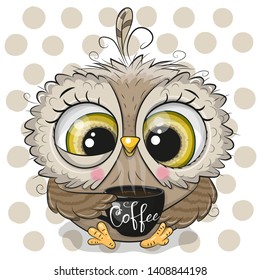 Cute Cartoon owl with a black Cup of coffee