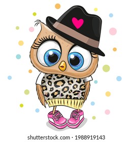 Cute Cartoon Owl in a black hat on a dots background