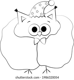 Cute cartoon Owl with blanket. Draw illustration in black and white