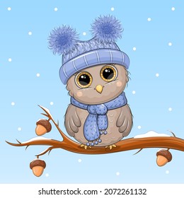 Cute Cartoon Owl In A Blue Hat And Scarf Sitting On An Oak Tree. Winter Vector Illustration On A Blue Background With Snow.