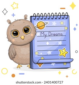 A cute cartoon owl and a blue notebook with stickers. Vector illustration of animal on a white background with stars, circles.