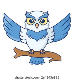 Cute cartoon owl blue and white color animal illustration, Flat Cartoon Style design for Web, Flayer, Sticker, Landing Page, banner.
