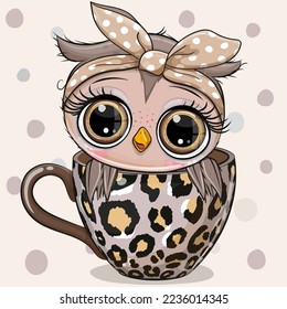 Cute Cartoon owl with a bow is sitting in a Cup