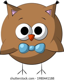Cute cartoon Owl with bowtie. Draw illustration in color
