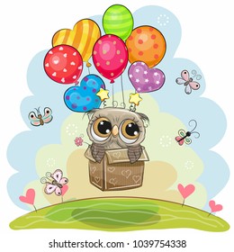 Cute cartoon Owl in the box is flying on balloons