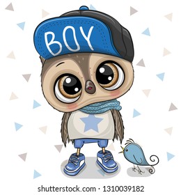 Cute Cartoon Owl boy with a blue cap on a white background