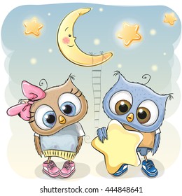 Cute cartoon Owl boy gives a Owl girl a star