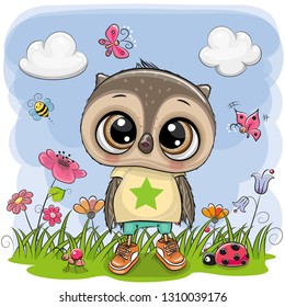 Cute Cartoon Owl Boy on a meadow with flowers and butterflies