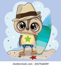 Cute cartoon Owl boy with a surfboard on the beach