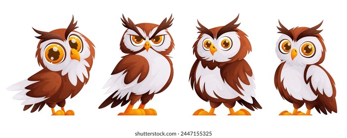 Cute cartoon owl. The owl is brown in color with white feathers. Wild forest birds. Flying creatures.