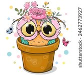 Cute cartoon Owl in a brown flower pot