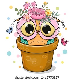 Cute cartoon Owl in a brown flower pot