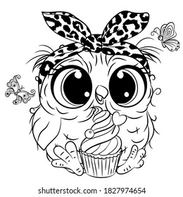 Cute Cartoon Owl with butterlies outlined for coloring book isolated on a white background