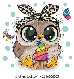 Cute Cartoon Owl with cake and butterflies on a white background