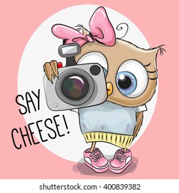 Cute cartoon Owl with a camera on a blue background