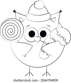 Cute cartoon Owl and candy cane. Draw illustration in black and white