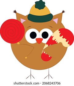 Cute cartoon Owl and candy cane. Draw illustration in color