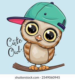 Cute Cartoon Owl in a cap on a blue background