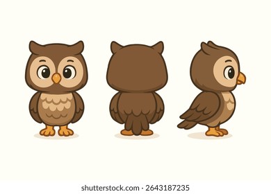 Cute Cartoon Owl Character – Front, Side, Back View Set for Animation, Education and Mascot Vector Illustration