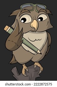 Cute cartoon owl character holding pencil. Vector illustration design