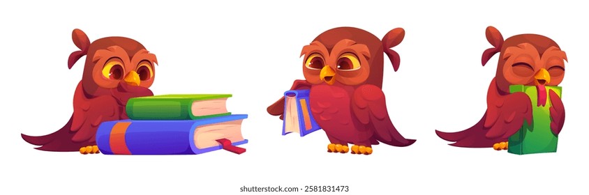 Cute cartoon owl characters with books - red chubby bird mascot showing different emotions next to educational literature. Adorable feathered student illustrations for children learning design.