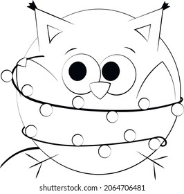 Cute cartoon Owl with christmas garland. Draw illustration in black and white