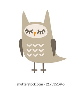 Cute cartoon owl with closed eyes. Vector illustration in pastel colors. Flat style.