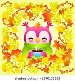 cute cartoon owl in clothes and with cup of coffee on autumn leaves background. funny bird enjoying autumn season. vector illustration.