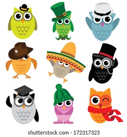 Cute cartoon owl collection. EPS 10 vector, grouped for easy editing. No open shapes or paths.