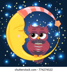 Cute cartoon owl coquettish with a cup of coffee sitting on a crescent moon dormant in the night sky with stars