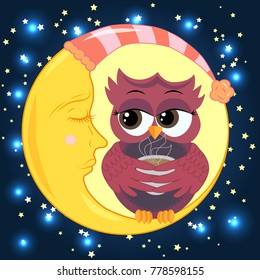 Cute cartoon owl coquettish with a cup of coffee sitting on a crescent moon dormant in the night sky with stars