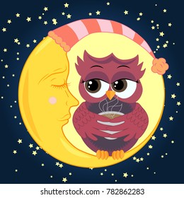 Cute cartoon owl coquettish with a cup of coffee sitting on a crescent moon dormant in the night sky with stars