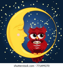 Cute cartoon owl coquettish red with a cup of coffee sitting dormant on the crescent against the night sky with stars