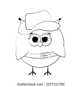 Cute cartoon Owl Cowboy. Draw illustration in black and white