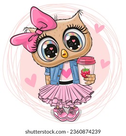 Cute Cartoon Owl with a cup of Milkshake