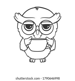 Cute cartoon owl with a cup of tea or coffee isolated on white background. Vector illustration for coloring book